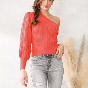 One-Shoulder Deep Sea Coral Knit Willow and Root Sweater Preppy Southern Spring